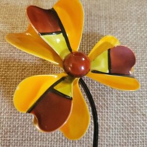 Vintage Mod Enamel Flower Brooch  Yellow Orange Brown Floral Size Large Retro